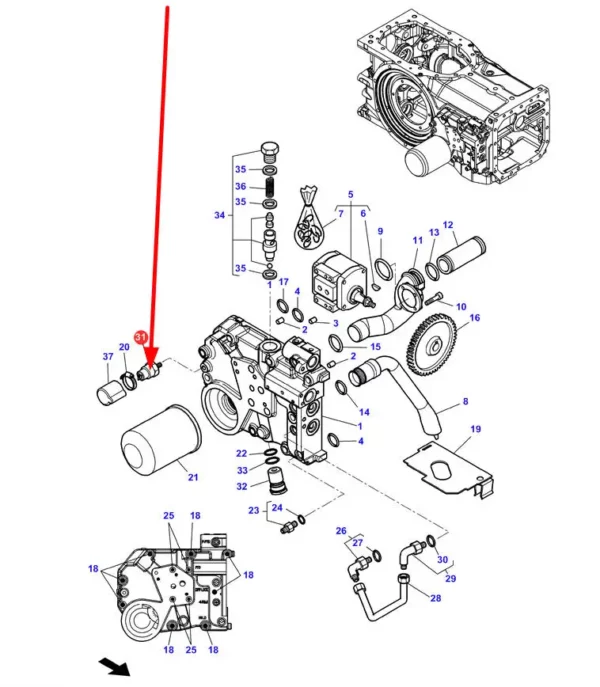 Oryginalny czujnik ciśnienia pompy hydraulicznej o numerze katalogowym 4305135M2, stosowany w ciągnikach rolniczych marek Massey Ferguson, Challenger schemat.