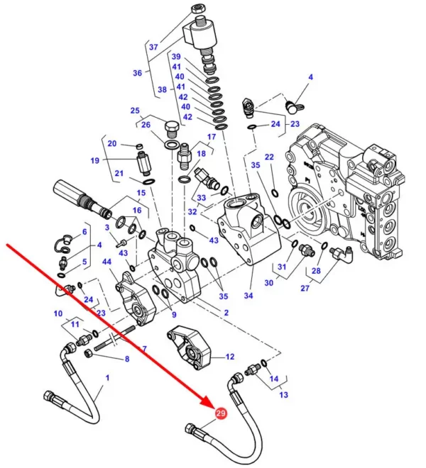 Oryginalny przewód hydrauliczny pompy o długości 599 mm i numerze katalogowym 4307963M1, szeroko stosowany w ciągnikach rolniczych marek Massey Ferguson, Challenger schemat.