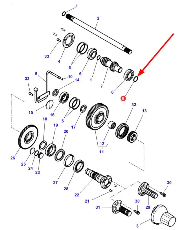 Oryginalny pierścień zabezpieczający wałka mechanizmu napędu WOM o numerze ksatslogowym 4308364M2, stosowany w ciągnikach marek Valtra oraz Massey Ferguson schemat.