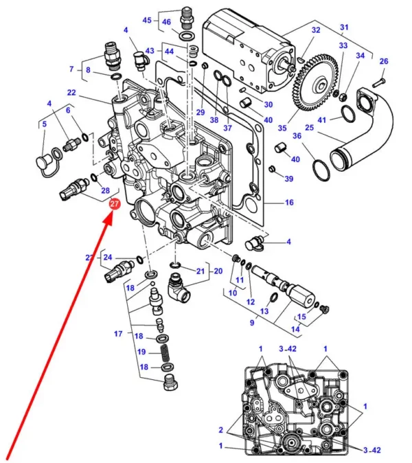 Oryginalny czujnik ciśnienia pompy hydraulicznej o numerze katalogowym 4310778M1, stosowany w ciągnikach rolniczych marki Massey Ferguson schemat.