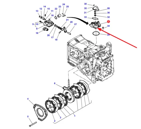 Oryginalny cylinder hamulcowy, stosowany w ciągnikach rolniczych marki Massey Ferguson schemat