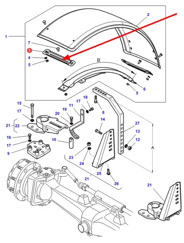 Oryginalny element mocowania błotnika o numerze katalogowym 4348000M2, stosowany w ciągnikach rolniczych marki Massey Ferguson, Challenger oraz Valtra schemat