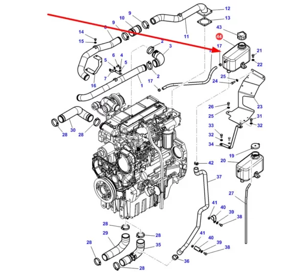 Oryginalny zbiornik płynu chłodniczego o numerze katalogowym 4349830M3, stosowany w ciągnikach rolniczych marki Massey Ferguson. schemat