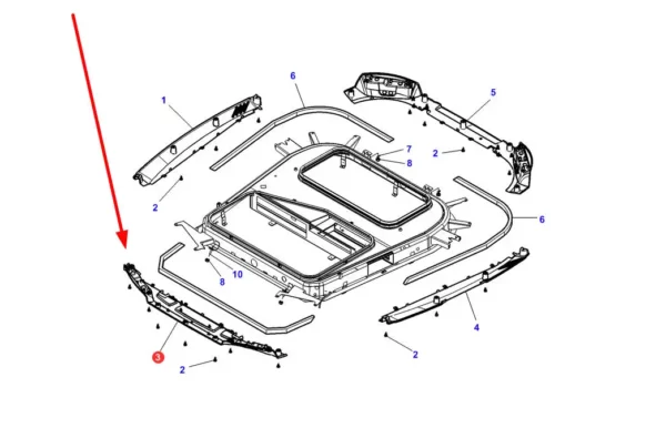 Oryginalna osłona dachu przednia z tworzywa sztucznego o numerze katalogowym 4350848M1, stosowana w ciągnikach rolniczych marek Massey Ferguson i Challenger. schemat