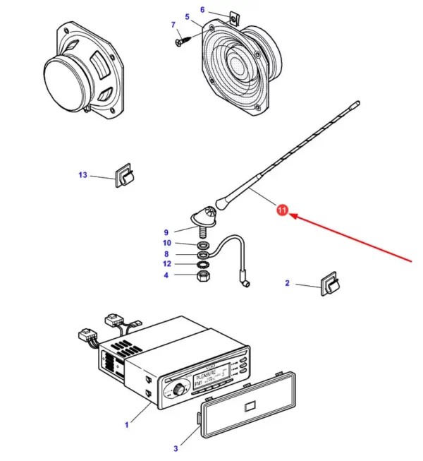 Oryginalna antena radiowa o numerze katalogowym 4351008M1, stosowana w ciągnikach rolniczych marek Massey Ferguson, Valtra oraz Challenger.-schemat