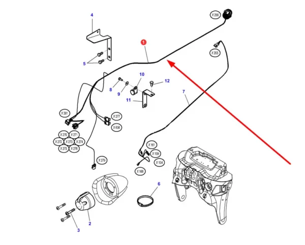 Oryginalna wiązka elektryczna przedniego TUZ o numerze katalogowym 4353047M4, stosowana w ciągnikach rolniczych marek Massey Ferguson i Challenger. schemat