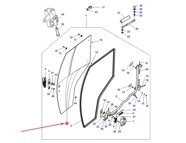 Oryginalna, prawa szyba drzwi o numerze katalogowym 4353956M2, stosowana w ciągnikach rolniczych marek Massey Ferguson i Challenger.-schemat