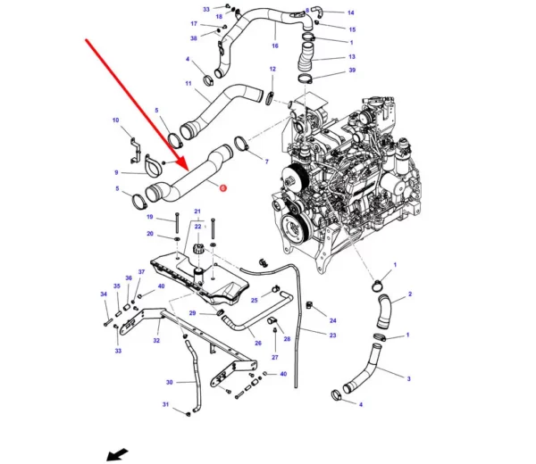 Oryginalny przewód układu chłodzenia o numerze katalogowym 4355179M1, stosowany w ciągnikach rolniczych marek Challenger i Massey Ferguson schemat