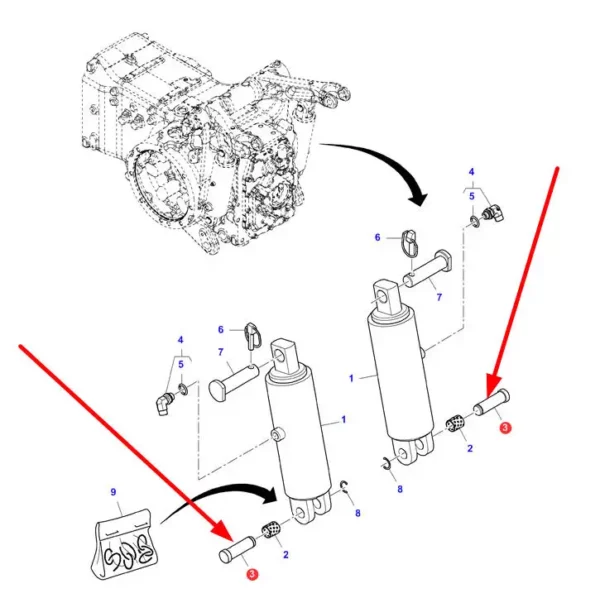 Oryginalny sworzeń siłownika podnoszenia tylnego TUZ o numerze katalogowym 4358539M1, stosowany w ciągnikach rolniczych marki Valtra oraz Massey Ferguson schemat