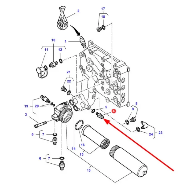 Oryginalny czujnik ciśnienia, o numerze katalogowym 4358647M2 stosowany w ciagnikach rolniczych marki Massey Ferguson schemat.