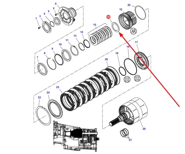 Oryginalna podkładka kosza sprzęglowego o wymiarach 69-92 x 4 mm i numerze katalogowym 4364597M1, stosowana w ciągnikach rolniczych marek Massey Ferguson i Challenger. schemat