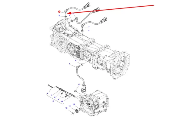 Oryginalny czujnik indukcyjny o długości 135 mm i numerze katalogowym 4364877M1, stosowany w ciągnikach rolniczych marki Massey Ferguson. schemat