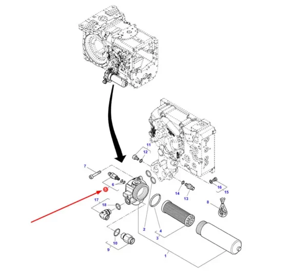 Oryginalny czujnik zapchania filtra o numerze katalogowym 4368842M1, stosowany w ciągnikach rolniczych marek Massey Ferguson, Valtra oraz Challenger.-schemat