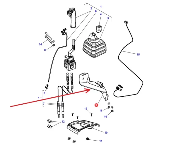 Oryginalny uchwyt dźwigni sterującej o numerze katalogowym 4376708M2, stosowany w ciągnikach rolniczych marek Massey Ferguson i Challenger. schemat