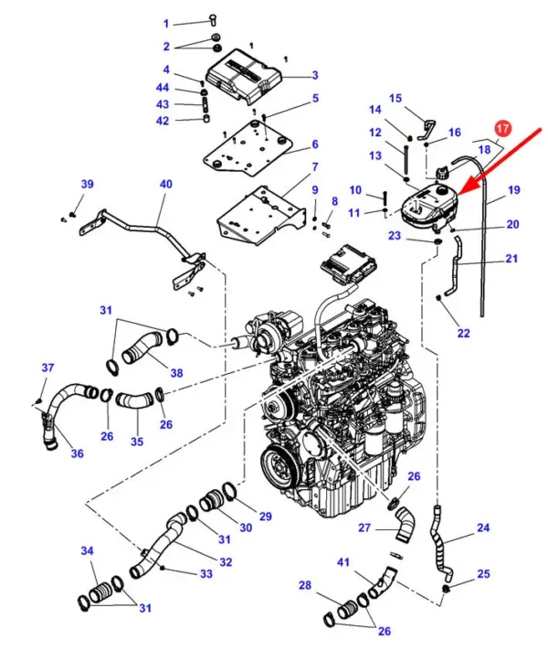 Oryginalny zbiornik wyrównawczy układu chłodzenia o numerze katalogowym 4378852M96, stosowany w ciągnikach rolniczych marki Massey Ferguson schemat.