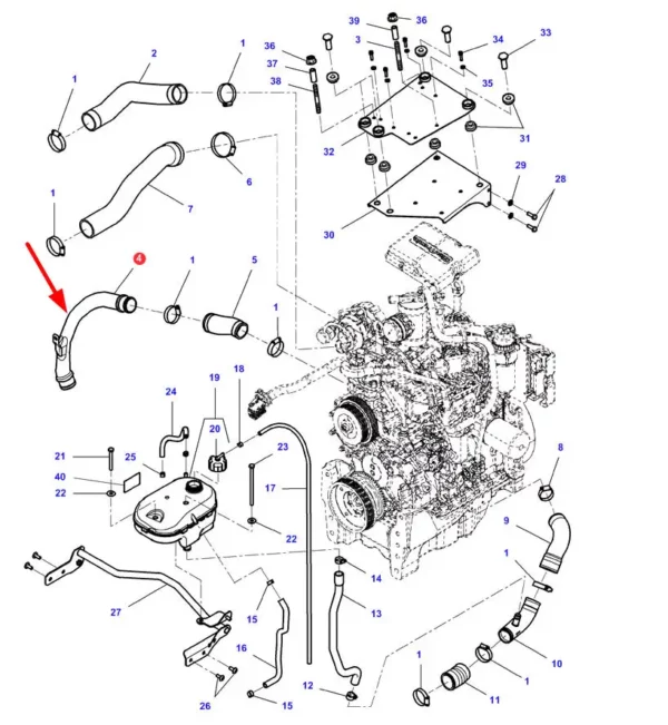 Oryginalny przewód układu chłodzenia o numerze 4380351M2, stosowany w ciągnikach rolniczych marki Massey Ferguson.