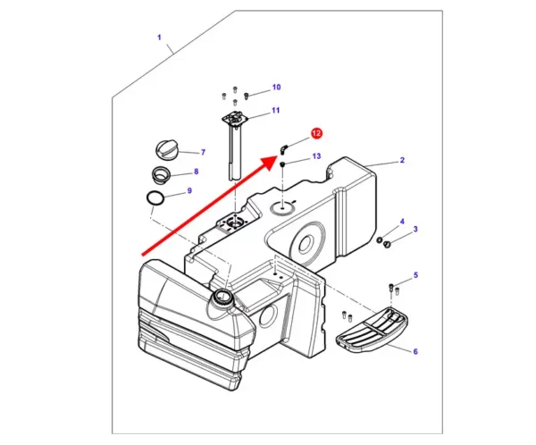 Oryginalny łącznik zbiornika paliwa, stosowany w ciągnikach rolniczych marki Massey Ferguson. schemat