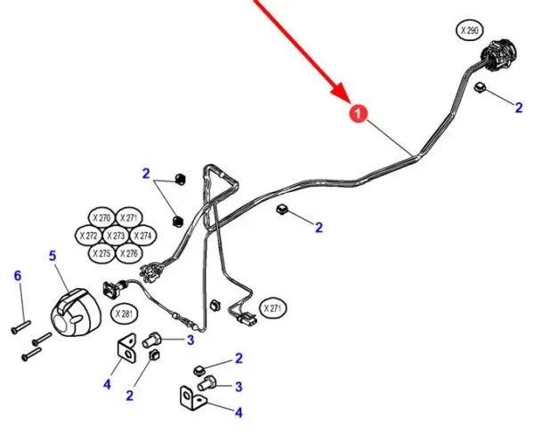 Oryginalna wiązka elektyczna przyłączy świateł maszyn towarzyszących o numerze katalogowym 4387229M1, stosowana w ciągnikach rolniczych marki Massey Ferguson. schemat