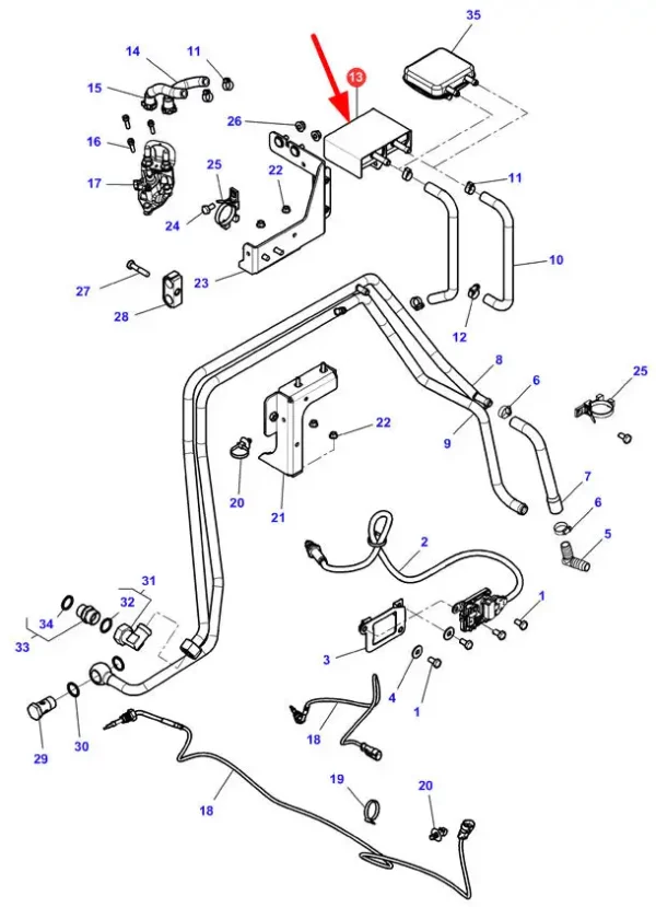 Oryginalny zbiornik systemu Adblue o numerze katalogowym 4390534M2, stosowany w ciągnikach rolniczych marki Massey Ferguson schemat.