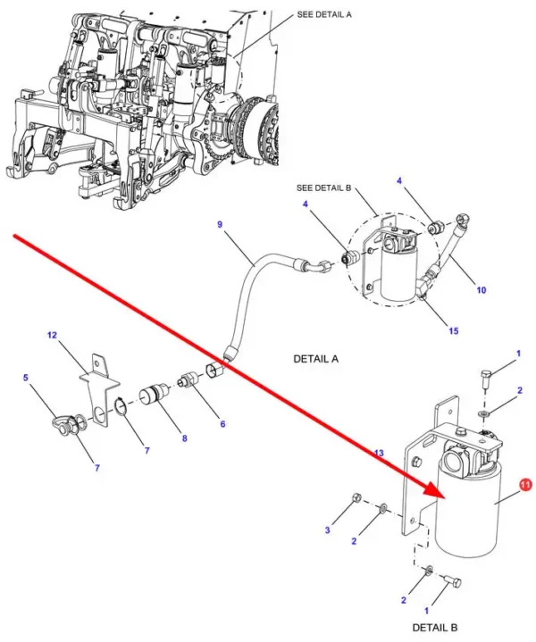 Oryginalny filtr oleju hydraulicznego o numerze katalogowym 502679D1, stosowany w maszynach rolniczych marek Fendt, Challenger schemat.