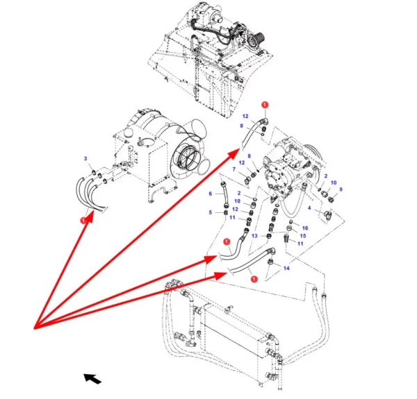 Oryginalny przewód hydrauliczny o długości 2000 mm i numerze katalogowym 6247854M1, stosowany w kombajnach zbożowych marek Challenger, Fendt i Massey Ferguson schemat