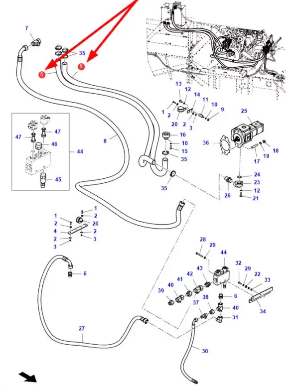 Oryginalny przewód hydrauliczny o długości 2020 mm i numerze katalogowym 6248096M1, stosowany w kombajnach zbożowych marek Massey Ferguson, Fendt i Challenger. schemat