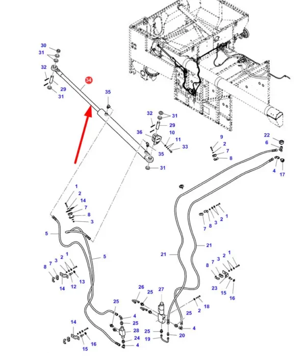 Oryginalny siłownik hydauliczny rozładunku ziarna o numerze katalogowym 6248356M91, stosowany w kombajnach zbożowych marek Challenger, Fendt oraz Massey Ferguson schemat.