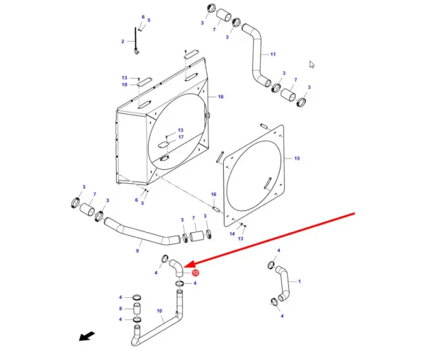 Oryginalne gumowe kolana przewodu cieczy chłodzące o numerze katalogowym 6273629M1, stosowane w kombajnach marek Massey Ferguson, Fendt i Challenger. schemat