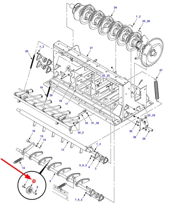 Oryginalna rolka z łożyskiem prowadzenia sznurka o numerze katalogowym 700746265, stosowana w prasach kostkujących wielkogabarytowych marek Massey Ferguson, Fendt, Challenger schemat.