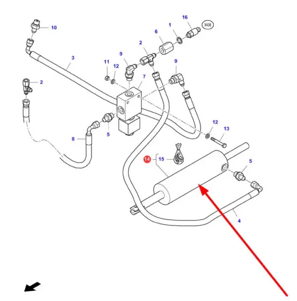 Oryginalny cylinder hydrauliczny hamulca postojowego o numerze katalogowym 7058509M91, stosowany w kombajnach zbożowych marek Massey Ferguson, Fendt, Challenger schemat.