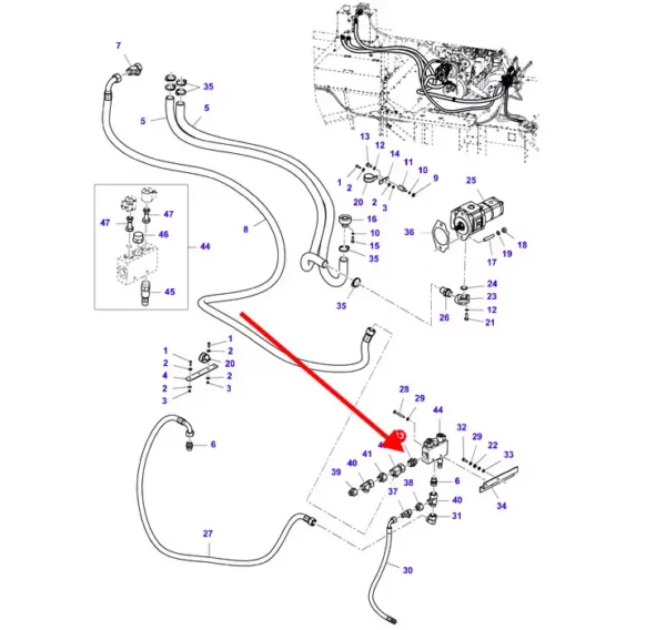 Oryginalna złączka pompy hydraulicznej, stosowana w maszynach rolniczych marek Massey Ferguson, Fendt oraz Challenger. schemat