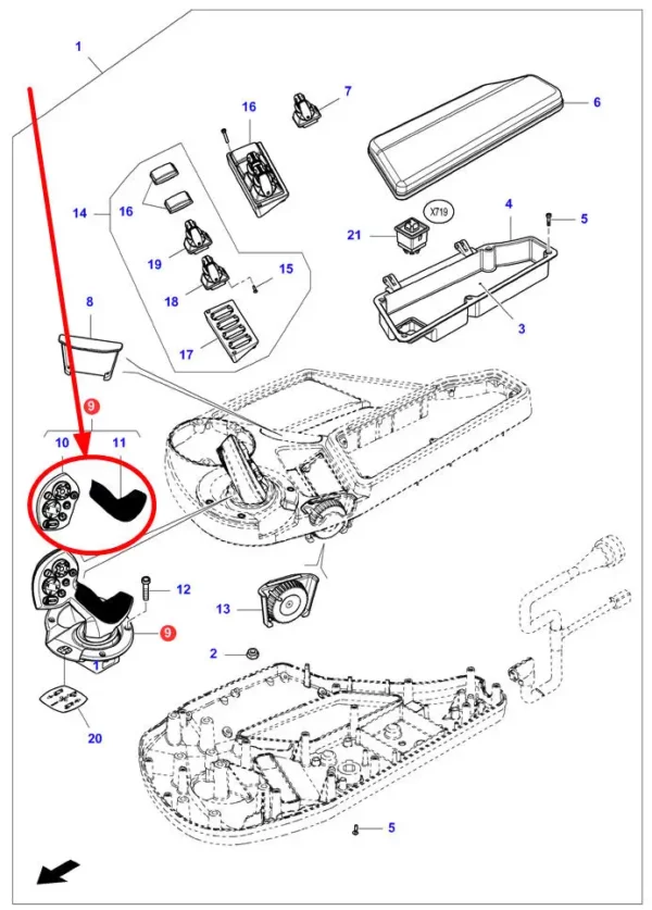 Oryginalny joystick o numerze katalogowym 7059297M91, stosowany w kombajnach zbożowych marki Fendt, Massey Ferguson, Challenger i Laverda schemat.