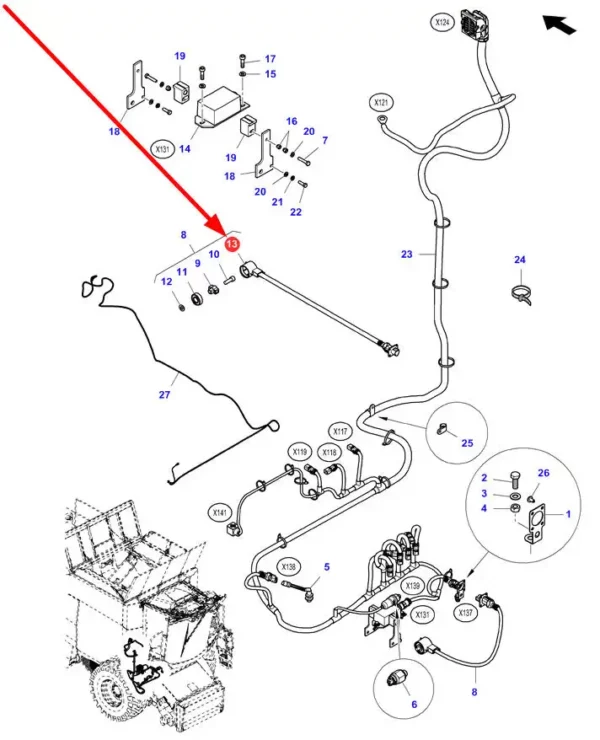 Oryginalny czujnik prędkości o numerze katalogowym 7063758M91, stosowany w kombajnach zbożowych marek Massey Ferguson, Fendt schemat.