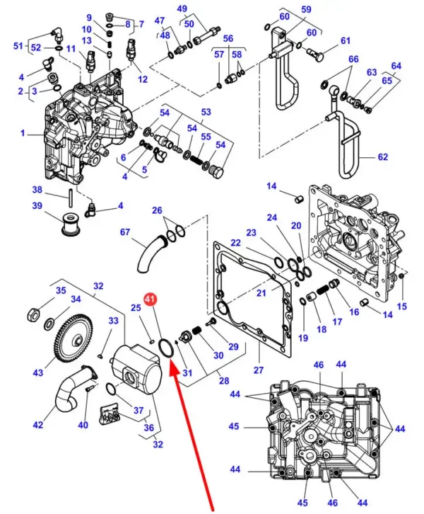 Oryginalny pierścień oring o wymiarach 2,4'' x 2,4'' x 0,2'', stosowany jako uszczelnienie w pompie hydraulicznej ciągników marki Massey Ferguson schemat.