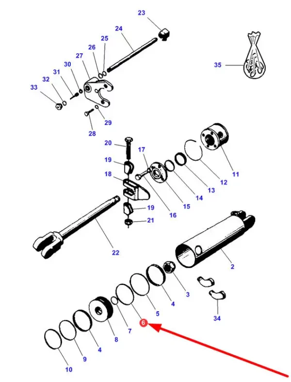 Oryginalny pierścień oring siłownika tylnego podnośnika o wymiarze 1/8"X3-1/8" i numerze katalogowym 70923585, stosowany w ciągnikach rolniczych marki Masssey Ferguson schemat.