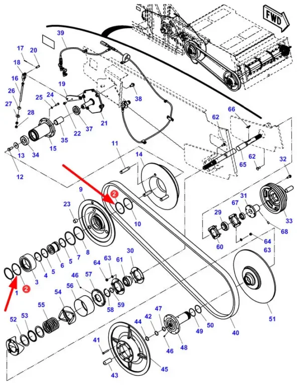 Oryginalna uszczelka oring napędów podajnika pochyłego o numerze katalogowym 70924772, stosowana w kombajnach zbożowych marki Massey Ferguson schemat.