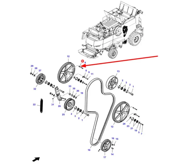 Oryginalna tuleja koła pasowego wysypu ziarna R8-12,5 x 20 mm o numerze katalogowym 7111519M1, stosowana w kombajnach zbożowych marki Massey Ferguson,Fendt schemat.