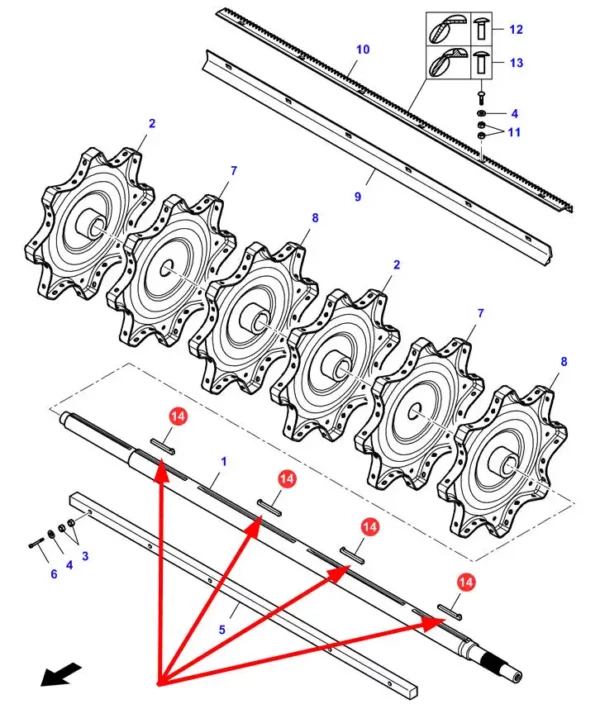 Oryginalny klin o wymiarach 12 x 12 x 90 mm, stosowany w tarczy bębna młocarni kombajnów marki Massey Ferguson i Fendt schemat.