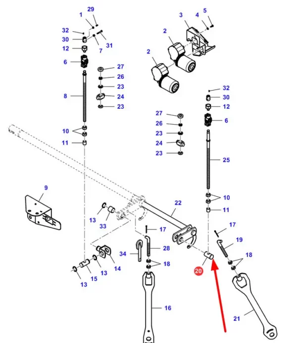 Oryginalny sworzeń dźwigni układu sterowania klepiskliem o numerze katalogowym 7111805M1, stosowany w kombajnachzbożówych marek Fendt, Laverda oraz Massey Ferguson schemat.