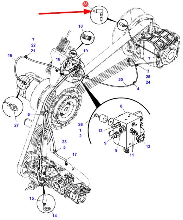 Oryginalna redukcja hydrauliczna o numerze katalogowym 71332011, stosowana w kombajnach zbożowych marki Fendt, Challenger, Valtra oraz Massey Ferguson schemat