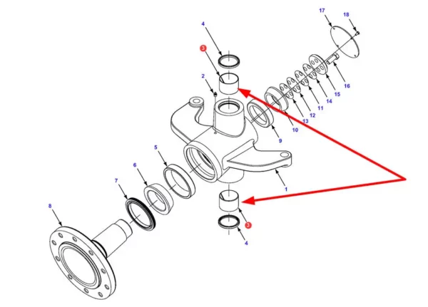Oryginalna tuleja zwrotnicy tylnej osi, stosowana w kombajnach zbożowych marki Massey Ferguson schemat