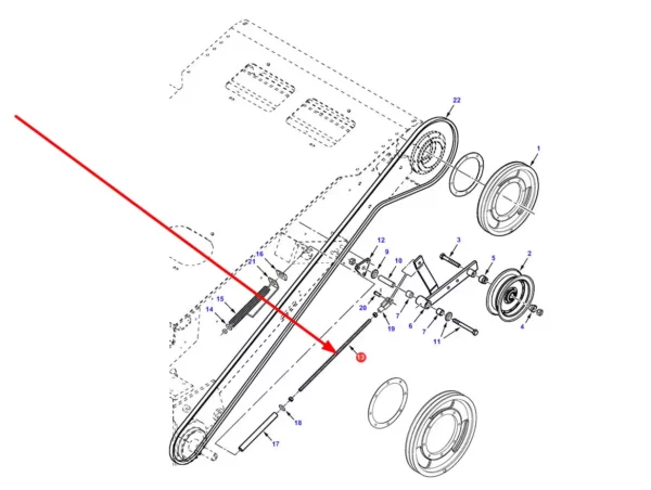 Oryginalny pręt gwintowany regulacji napinacza napędu hederu o numerze katalogowym 71356938, stosowany w kombajnach zbożowych marki Massey Ferguson, Fendt, Challenger schemat.