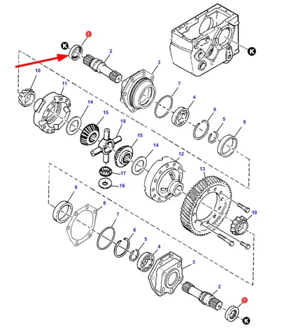 Oryginalny pierścień mechanizmu różnicowego przedniej osi o wymiarach  50 x 70 x 8 i numerze katalogowym 71359538, stosowany w maszynach rolniczych marki Challenger, Fendt oraz Massey Ferguson schemat.