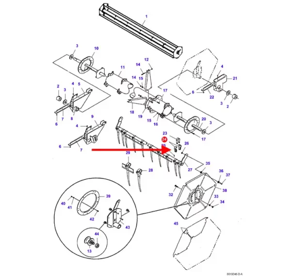 Oryginalne mocowanie rolki zgarnijącej, stosowane w kombajnach zbożowych marek Challenger, Fendt oraz Massey Ferguson. schemat