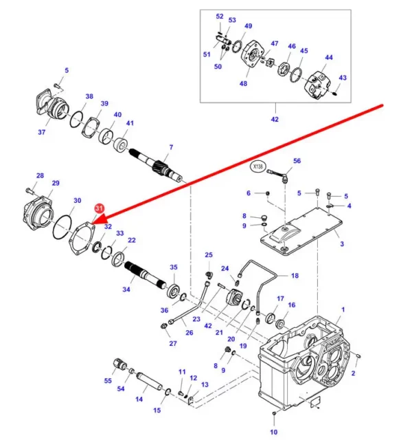 Oryginalna uszczelka przekładni przedniej osi o numerze katalogowym 71377718, stosowana w kombajnach zbożowych marek Challenger, Fendt i Massey Ferguson schemat