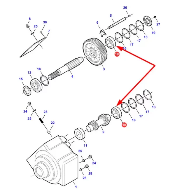Oryginalne Łożysko stożkowe 32211A napędu wałka rotora o numerze katalogowym 71392894, stosowane w kombajnach zbożowych marek Challenger, Fendt. Valtra oraz Massey Ferguson schemat