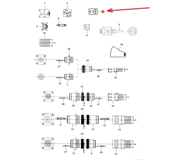 Oryginalny przekaźnik Micro 12V 20-10A o numerze katalogowym 71396971, stosowany w kombajnach zbożowych marek Massey Ferguson, Fendt i Challenger. schemat