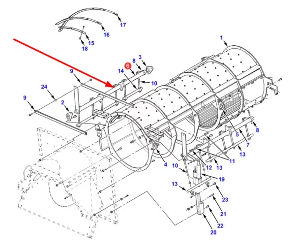 Oryginalny wałek regulacji rotora młócącego o numerze katalogowym 71407619, stosowany w kombajnach zbożowych marek Massey Ferguson, Fendt i Challenger. schemat