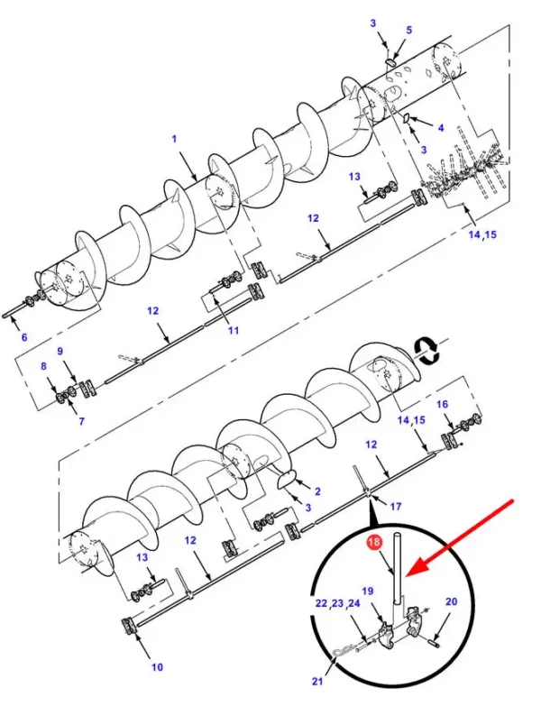 Oryginalny palec przenośnika ślimakowego o numerze katalogowym 71417097, stosowany w hederach marki Massey Ferguson schemat