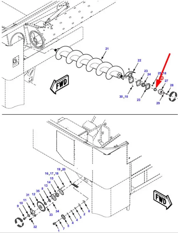 Oryginalny dystans ślimaka rozładunku ziarna o numerze katalogowym 71420764, stosowany w kombajnach zbożowych marki Fendt oraz Massey Ferguson schemat.